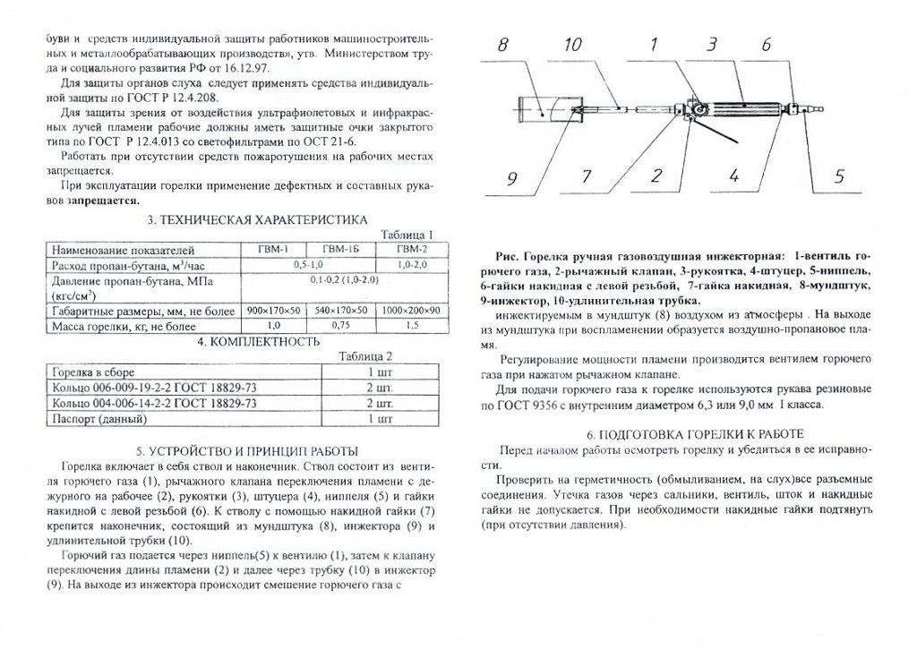 Паспорт горелка ГВМ-1 с рычагом